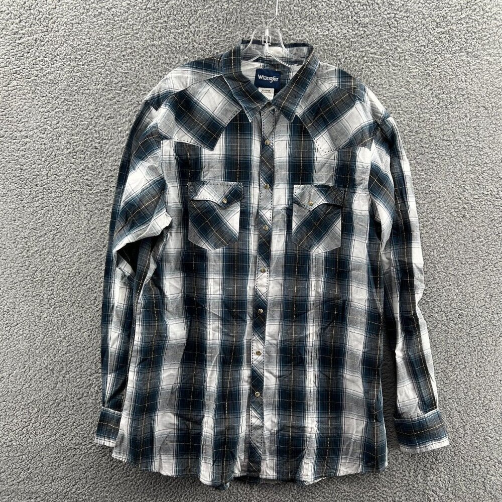 Wrangler Pearl Snap Shirt Mens 2XLT Blue White Plaid Western Cowboy Workwear